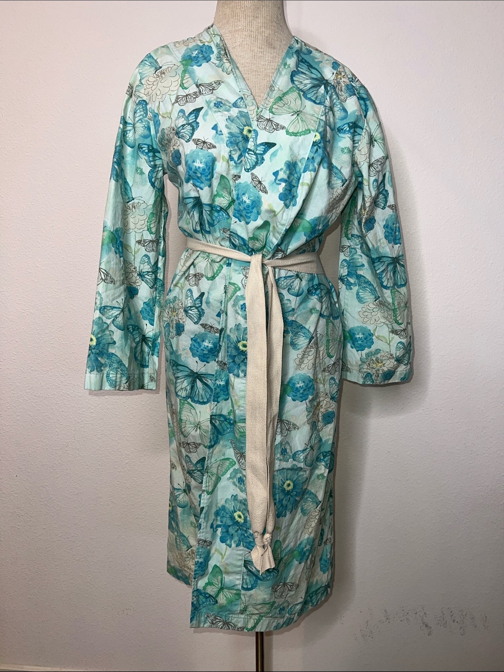 Butterfly & Floral Cotton Spa Robe in Aqua